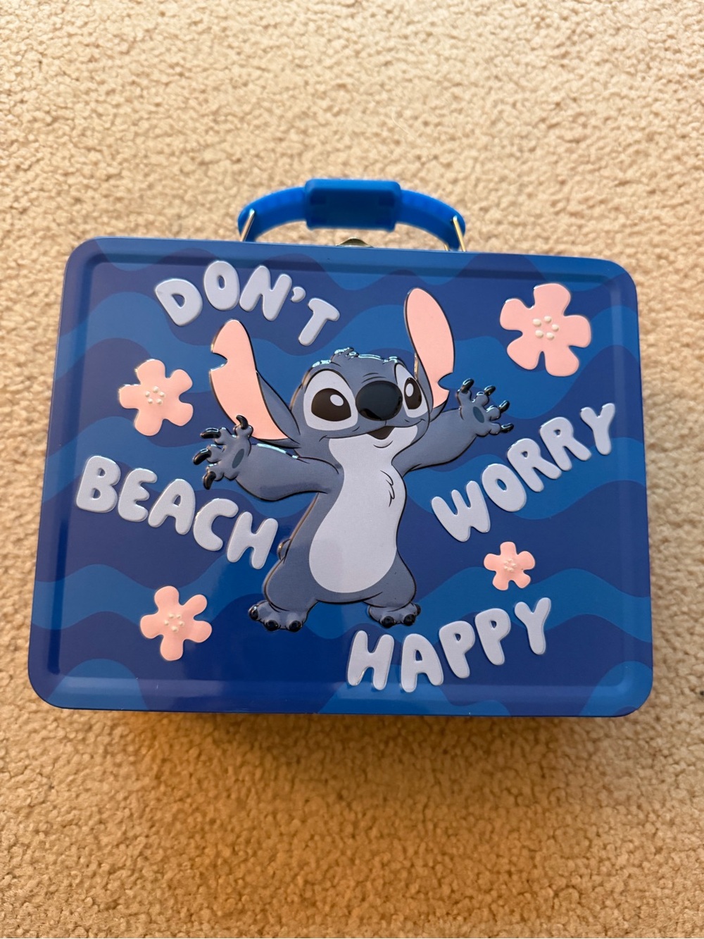 Disney Stitch Tin Lunch Box Don’t Worry Beach Happy Blue Metal NEW